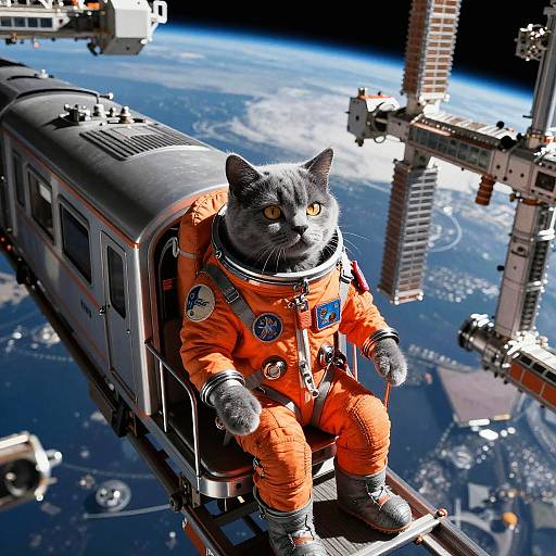 Cat in Spacesuit Riding Space Train
