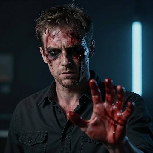 Man with Bloodied Face and Hand in Dark Room