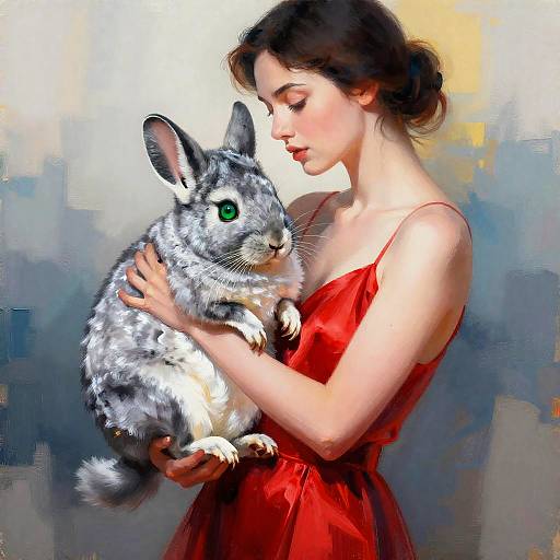 Abstract Woman in Red Silk Holding Chinchilla