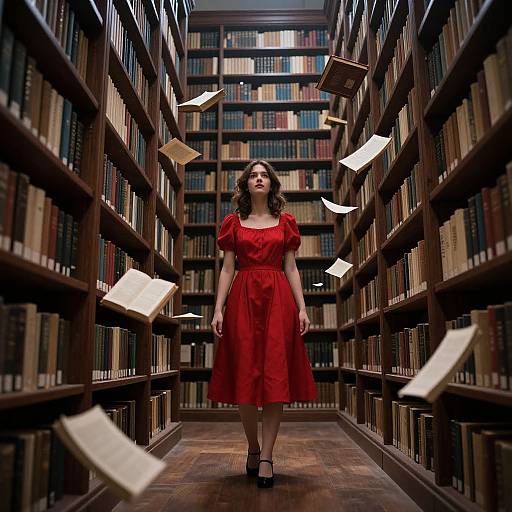 Photograph of a young woman with wavy brown hair in a red dress, standing in a narrow library aisle with flying books.
