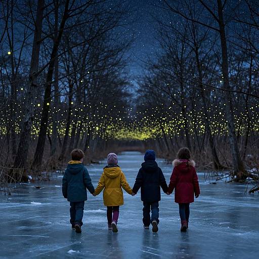 Photograph of three children in colorful winter coats, holding hands, walking on a frozen path lined with twinkling Christmas lights.