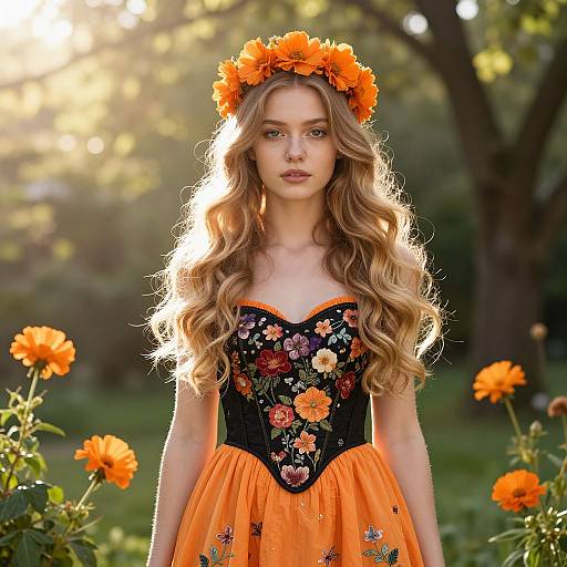 Photograph of a young woman with long, wavy blonde hair, wearing an orange floral dress and matching flower crown, standing in a sunlit garden
