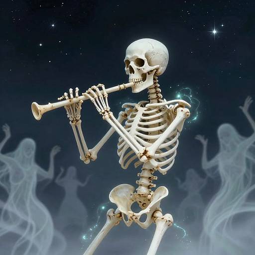 Photograph of a glowing, skeletal figure playing a trumpet against a starry night sky with ethereal, ghostly figures in the background.