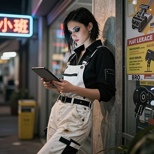 Photograph of a pale-skinned, black-haired woman with blue eyeshadow, wearing white overalls and a black shirt, leaning against a urban