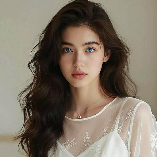 Photograph of a young woman with long, wavy dark brown hair, blue eyes, and fair skin, wearing a sheer white top with floral embroidery