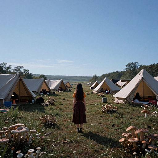 Photograph of a woman with long brown hair in a brown dress, standing amidst a field of mushrooms, facing rows of white tents under a clear blue