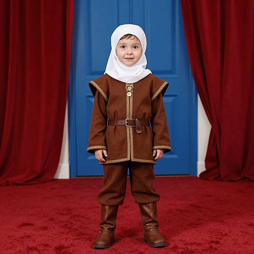 Photograph of a young girl in a brown medieval-style outfit with white headscarf, standing on red carpet in front of blue door with red curtains