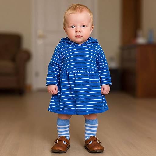 Photograph of a blonde toddler in a blue striped dress, blue and white striped socks, brown shoes, standing in a living room.