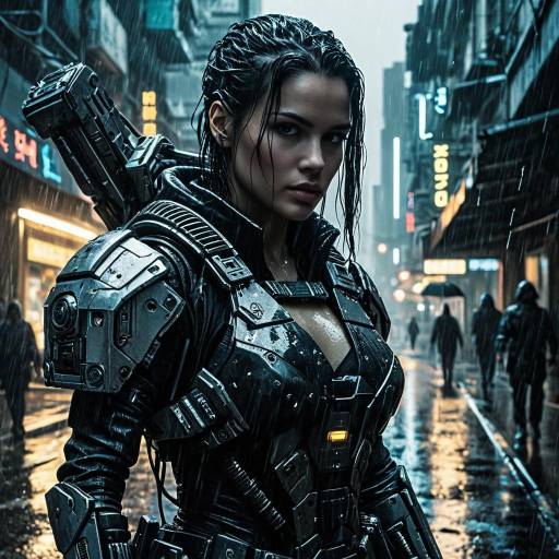 Futuristic Bounty Hunter in Rainy Dystopia