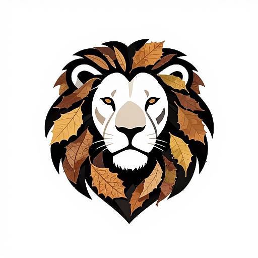 Digital illustration of a white lion's face with a black mane composed of orange and brown autumn leaves, set against a plain white background.