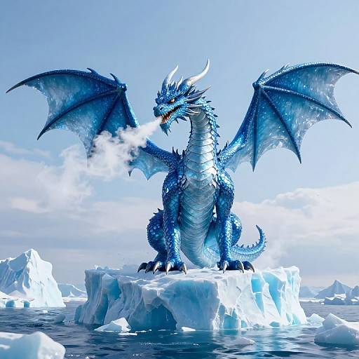 Digital artwork of a blue, ice-scaled dragon with large wings, standing on a glacier, exhaling frosty breath into a bright, icy Arctic