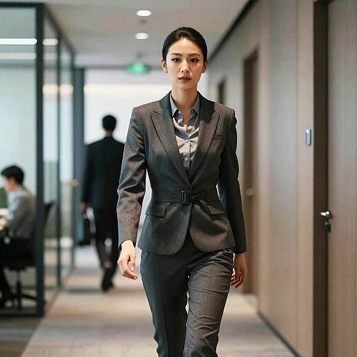 Confident Asian Executive in Grey Pantsuit