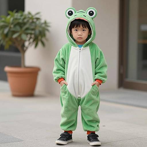 Young Boy in Green Frog Onesie Outdoors