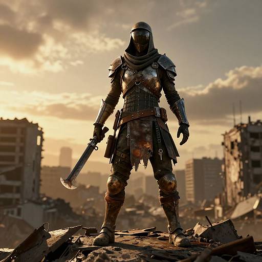 Photorealistic CGI of a medieval-style armored warrior with a helmet and sword, standing on rubble at sunset in a ruined cityscape.