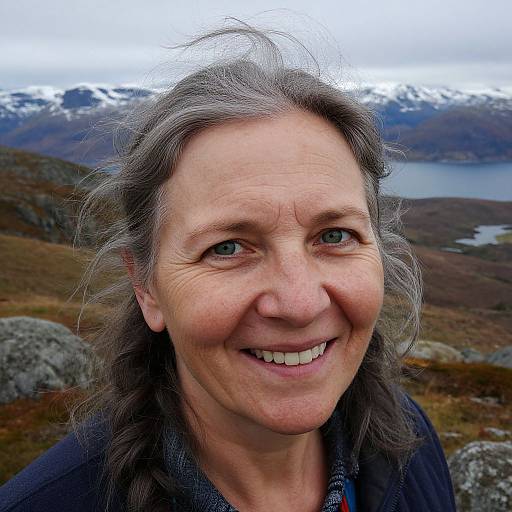 Photograph of a smiling middle-aged woman with gray hair, blue eyes, fair skin, wearing a dark jacket, against a mountainous, cloudy landscape