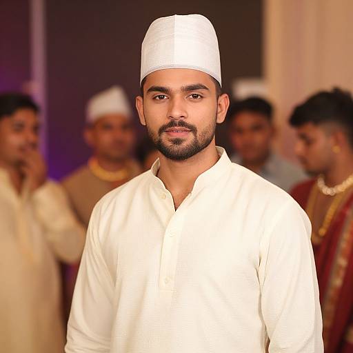 Photograph of a bearded South Asian man with medium brown skin, wearing a white kurta and cap, standing in front of blurred men in traditional