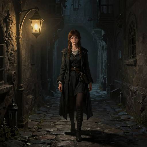 Digital artwork of a dark-haired woman in a black coat and boots, standing under a glowing streetlamp in a shadowy, cobblestone alley at