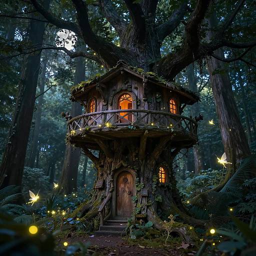 Enchanted fairy-tale treehouse nestled in a dense, moonlit forest, illuminated by glowing fireflies, with warm orange lights in its wooden