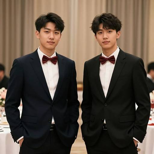 Photograph of two young Asian men with black hair, wearing black suits, white shirts, and red bow ties, standing side-by-side in an elegant