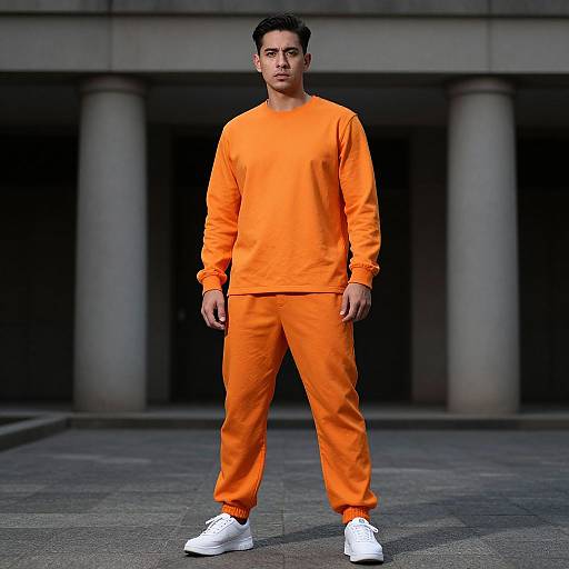 Man in Orange Outfit by Building