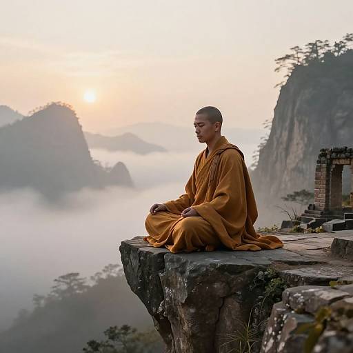 Photograph of a serene, young Buddhist monk in orange robes, meditating on a cliff overlooking misty mountains at sunrise.