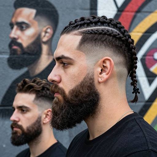 Photograph of three bearded men with intricate hairstyles, braids, and undercut styles, standing in front of a graffiti wall.