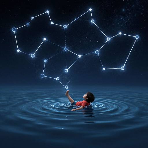 Photograph of a young boy in a red shirt, floating in dark blue water, reaching up to connect glowing blue constellation dots in a starry night