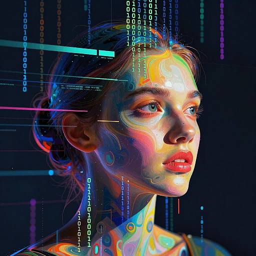 Abstract AI Portrait with Data Stream Overlay