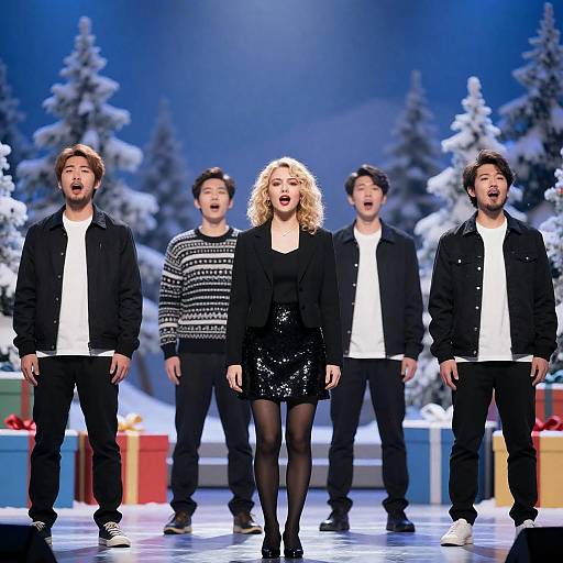 Winter-Themed Stage Performance with Singers