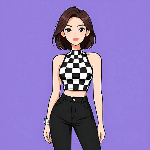 Digital anime-style illustration of a young woman with fair skin, short brown hair, black-and-white checkered halter top, and black high-wa