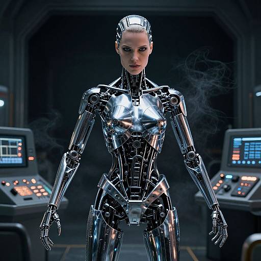 CGI image of a sleek, silver, humanoid robot with a polished metallic body, standing in a dimly lit control room with two illuminated control panels