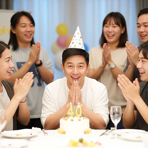 Photograph of a young Asian man in a white shirt and party hat, clapping hands, smiling at a birthday cake with candles, surrounded by four