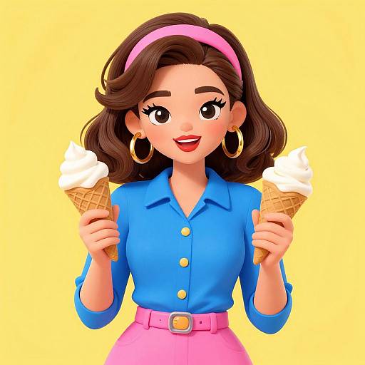 Digital illustration of a smiling brunette woman with a pink headband, blue button-up shirt, pink skirt, holding two waffle ice creams, yellow background