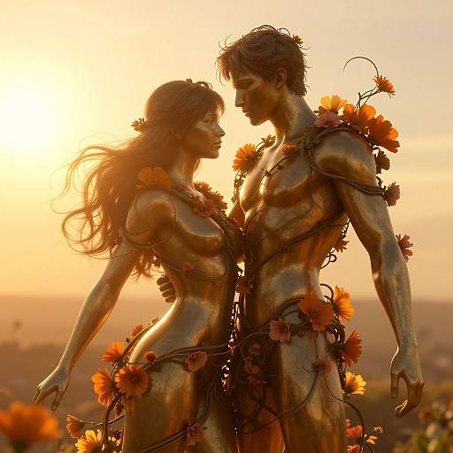 Silhouetted bronze statue of a nude couple with orange flowers, facing each other, against a golden sunset in a field. Digital art.