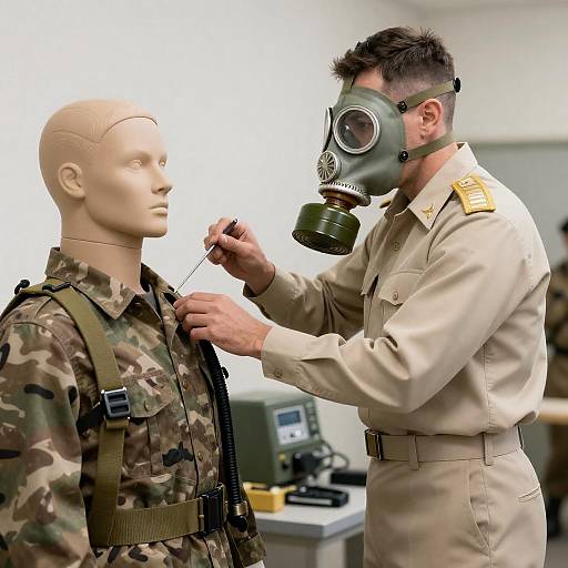 Military Officer Tending Mannequin Medical Drill