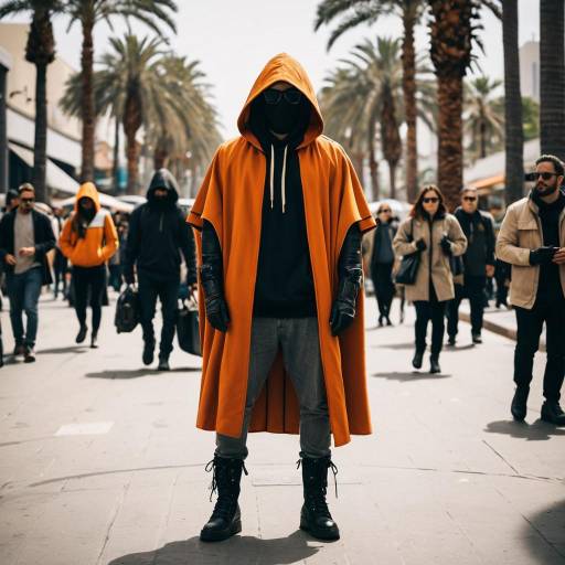 Person in Futuristic Orange Cloak on Urban Street