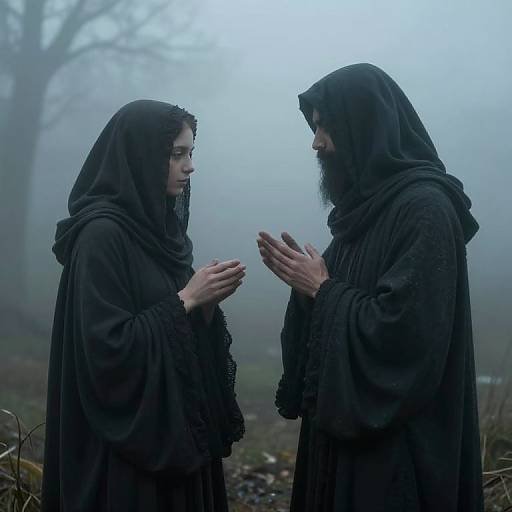 Photograph of two robed, hooded figures with long black hair and beards, standing in a misty, foggy forest, hands clas