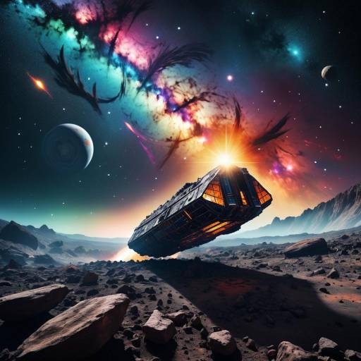 Ancient Spacecraft in Colorful Asteroid Field