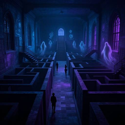 Digital art of a dimly lit, blue and purple-lit, labyrinthine stone hallway with three silhouetted figures, glowing ghostly figures