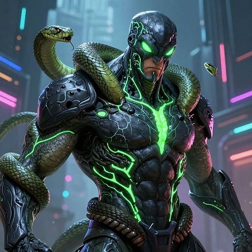 CGI image of a muscular, black-scaled superhero with glowing green circuitry and a snake coiled around his shoulders in a neon-lit city