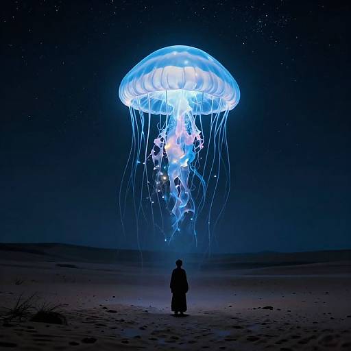 Photograph of a silhouetted person standing on a dark beach at night, gazing at a large, glowing blue jellyfish in a star