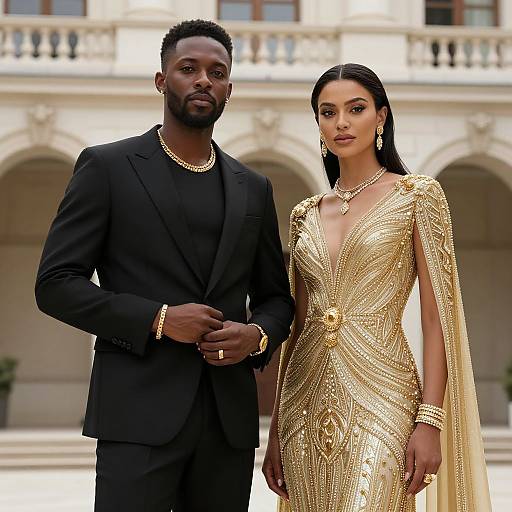 Photograph of a tall, dark-skinned man in a black suit and gold jewelry, standing beside a dark-haired woman in a gold, intricate-