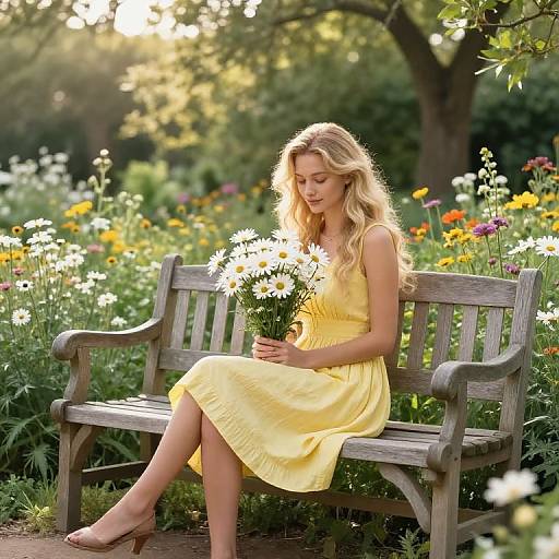 Blonde woman in a yellow dress sits on a wooden bench in a sunlit garden, holding a bouquet of white daisies.