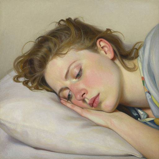 Photorealistic painting of a young, fair-skinned woman with curly brown hair, eyes closed, resting her head on a white pillow, looking serene