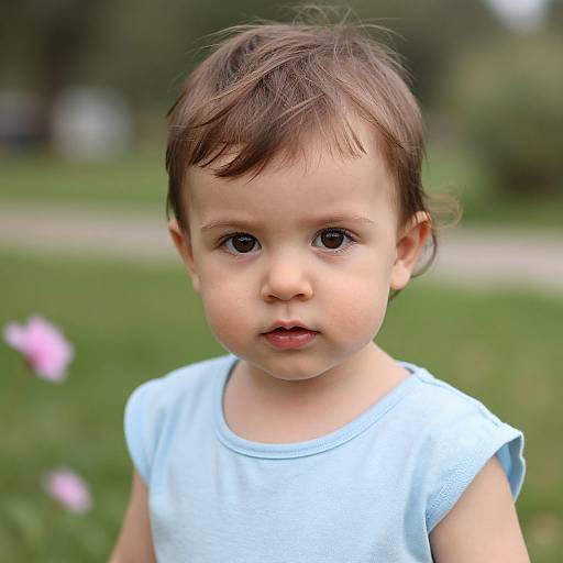 Photograph of a young child with brown hair, large dark eyes, wearing a light blue sleeveless shirt, standing in a green park. Blurred