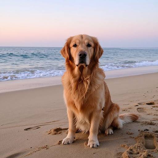 Photograph of a golden retriever sitting on a sandy beach at sunset, with gentle waves in the background and a pastel-colored sky.