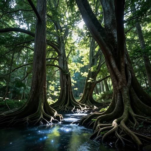 Photograph of a dense, sunlit forest with towering trees, large exposed roots, and a flowing stream reflecting sunlight.