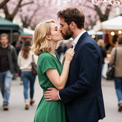 Couple Kissing in Outdoor Market with Cherry Blossoms