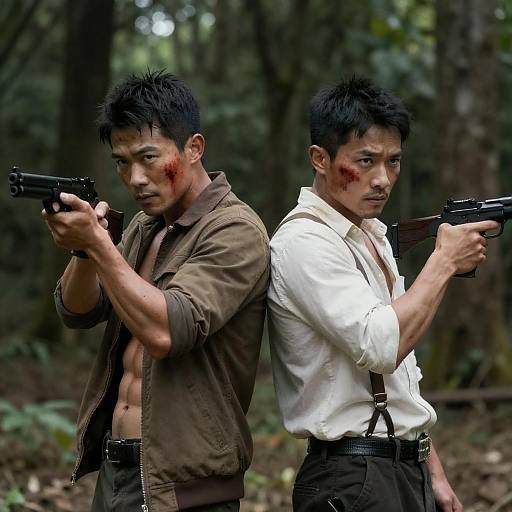 Intense Duality: Shirtless Warriors in Forest