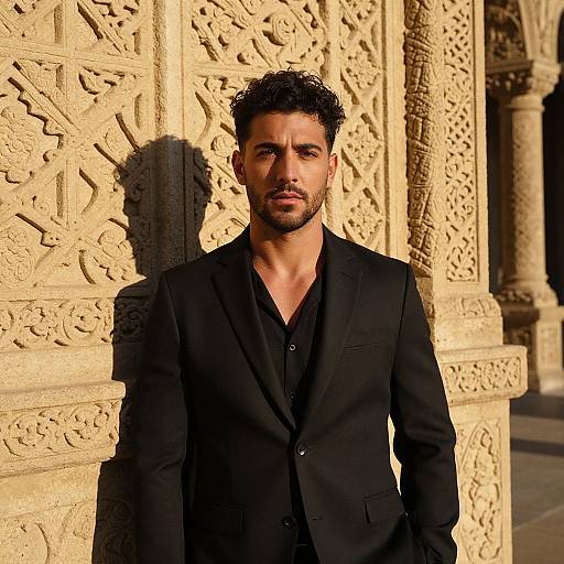 Photograph of a handsome, dark-haired man with a trimmed beard, wearing a black suit, standing against an intricately carved, golden-beige stone